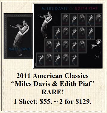 2011 American Classics “Miles Davis & Edith Piaf” RARE! Stamp Sheet