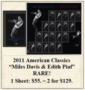 2011 American Classics “Miles Davis & Edith Piaf” RARE! Stamp Sheet