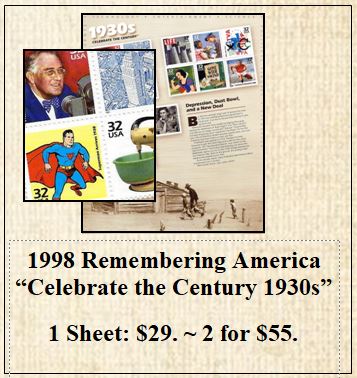 1998 Remembering America “Celebrate the Century 1930s” Stamp Sheet