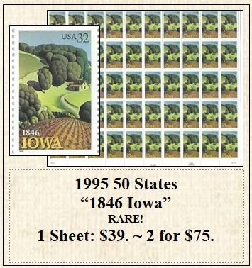 1995 50 States “1846 Iowa” RARE! Stamp Sheet