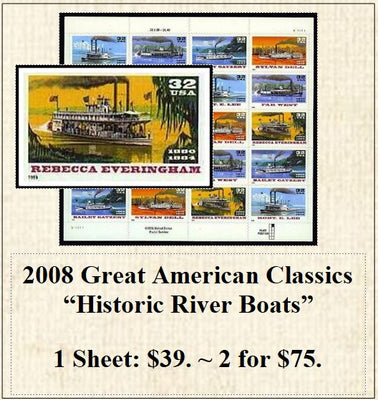 2008 Great American Classics “Historic River Boats” Stamp Sheet
