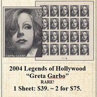 2004 Legends of Hollywood “Greta Garbo” RARE! Stamp Sheet