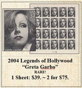 2004 Legends of Hollywood “Greta Garbo” RARE! Stamp Sheet