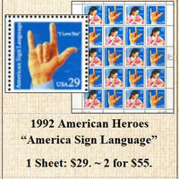 1992 American Heroes  “America Sign Language” Stamp Sheet
