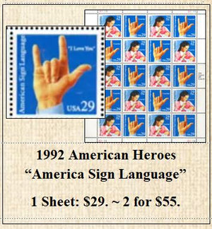 1992 American Heroes  “America Sign Language” Stamp Sheet