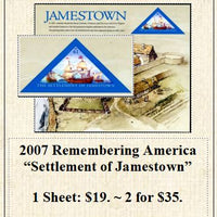 2007 Remembering America “Settlement of Jamestown” Stamp Sheet