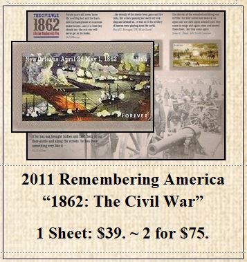 2011 Remembering America  “1862: The Civil War” Stamp Sheet