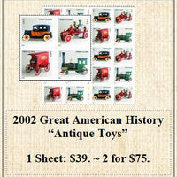 2002 Great American History “Antique Toys” Stamp Sheet