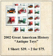 2002 Great American History “Antique Toys” Stamp Sheet