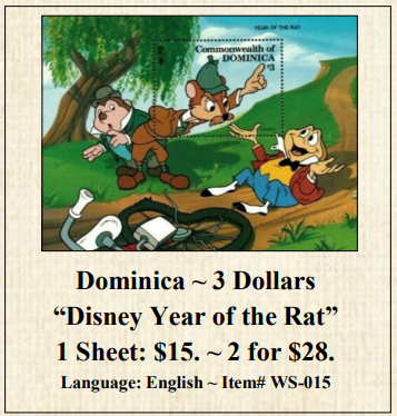 Dominica ~ 3 Dollars “Disney Year of the Rat” Stamp Sheet