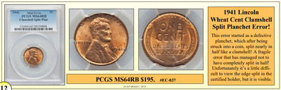 1941 Lincoln Wheat Cent Clamshell Split Planchet Error Coin ~ PCGS MS64RB ~ #EC-037