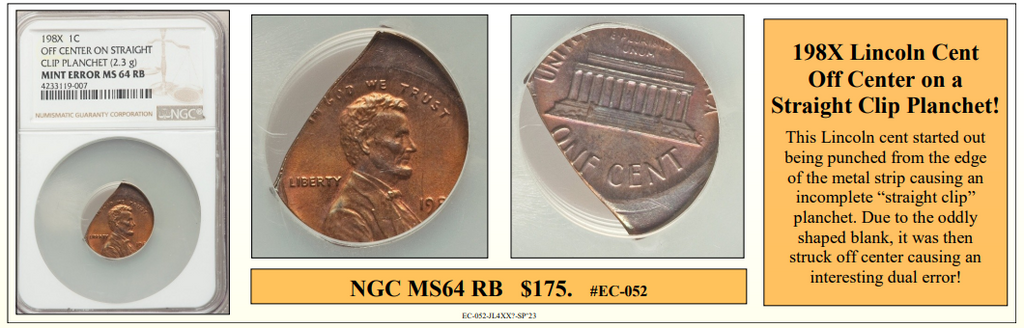 198X Lincoln Cent Off Center on a Straight Clip Planchet Error Coin ~ NGC  MS64 RB ~ #EC-052