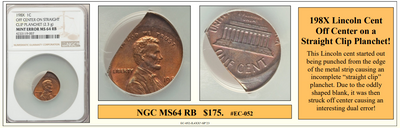 198X Lincoln Cent Off Center on a Straight Clip Planchet Error Coin ~ NGC MS64 RB ~ #EC-052