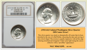 (1932-64) Undated Washington Silver Quarter Off-Center Coin Error! #EC-092