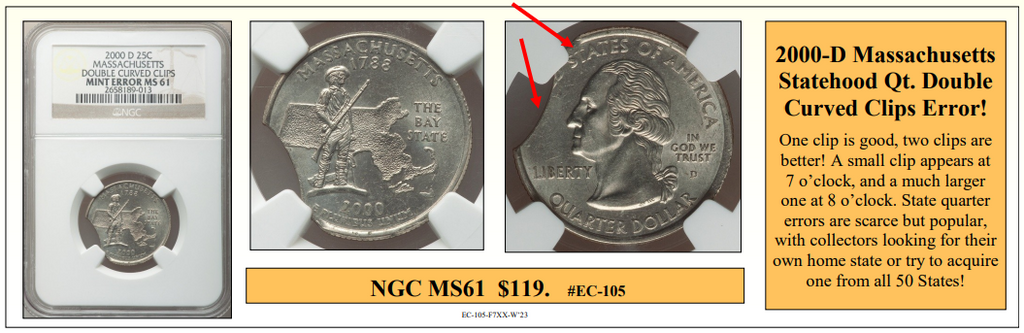 2000-D Massachusetts Statehood Qt. Double Curved Clips Coin Error! #EC-105