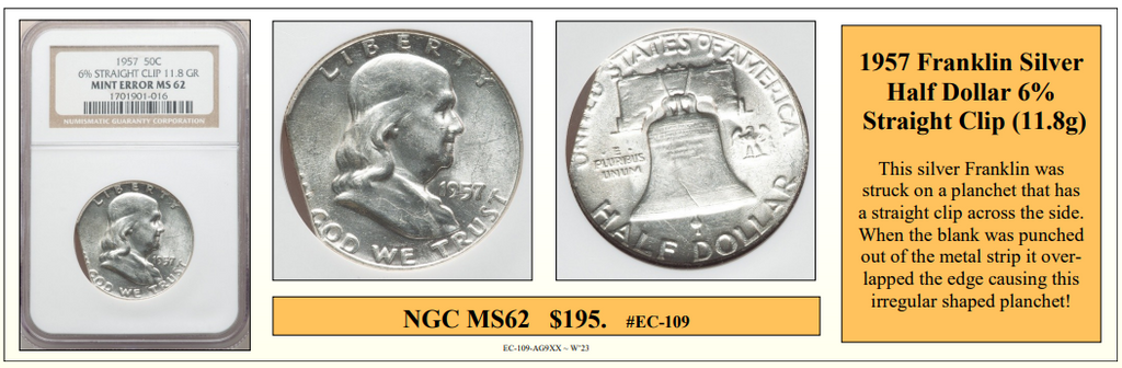 1957 Franklin Silver Half Dollar 6% Straight Clip (11.8g) Coin Error! #EC-109