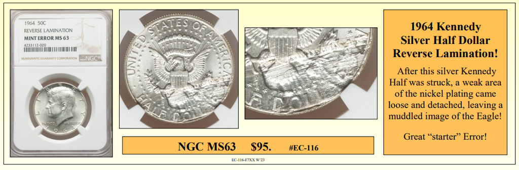 1964 Kennedy Silver Half Dollar Reverse Lamination Coin Error! #EC-116