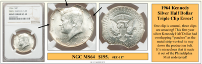 1964 Kennedy Silver Half Dollar Triple Clip Coin Error! #EC-117