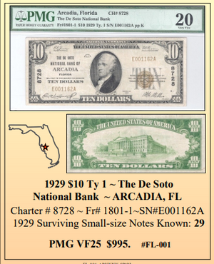 1929 $10 Ty 1 ~ The De Soto National Bank ~ ARCADIA, FL ~ Florida National Currency ~ PMG VF25 ~ #FL-001