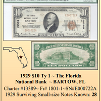 1929 $10 Ty 1 ~ The Florida National Bank ~ BARTOW, FL ~ Florida National Currency ~ PMG VF35 ~ #FL-002