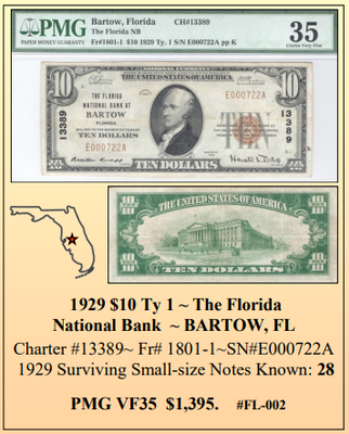 1929 $10 Ty 1 ~ The Florida National Bank ~ BARTOW, FL ~ Florida National Currency ~ PMG VF35 ~ #FL-002