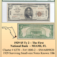 1929 $5 Ty 2 ~ The First  National Bank ~ MIAMI, FL ~ Florida National Currency ~ PMG VF20 ~ #FL-004