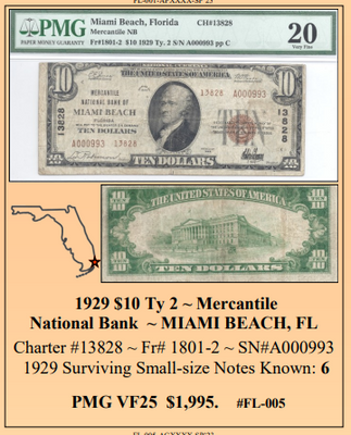 1929 $10 Ty 2 ~ Mercantile National Bank ~ MIAMI BEACH, FL ~ Florida National Currency ~ PMG VF25 ~ #FL-005