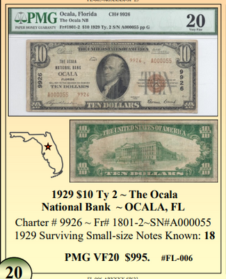 1929 $10 Ty 2 ~ The Ocala National Bank ~ OCALA, FL ~ Florida National Currency ~ PMG VF20 ~ #FL-006