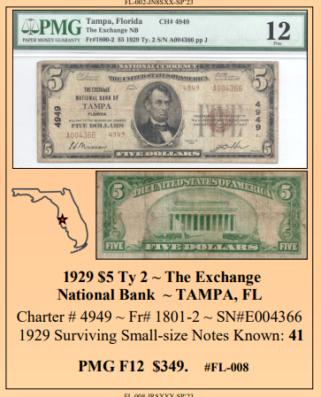 1929 $5 Ty 2 ~ The Exchange National Bank ~ TAMPA, FL ~ Florida National Currency ~ PMG F12 ~ #FL-008