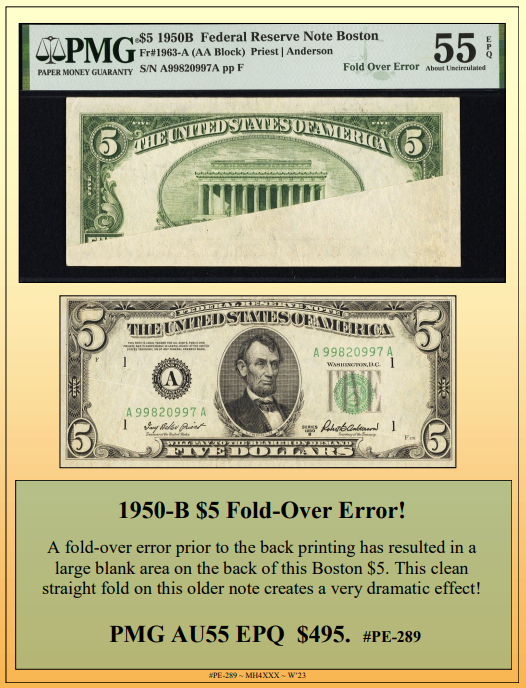 1950-B $5 Fold-Over Currency Error #PE-289