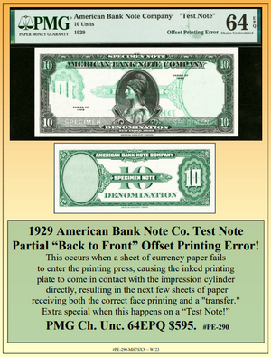 1929 American Bank Note Co. Test Note Partial "Back to Front"Offset Printing Currency Error #PE-290