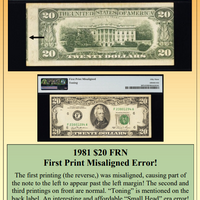 1981 $20 FRN First Print Misaligned Currency Error ~ PMG About Unc 53 ~ #PE-301