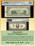 1981 $20 FRN First Print Misaligned Currency Error ~ PMG About Unc 53 ~ #PE-301