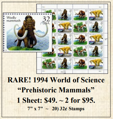 RARE! 1994 World of Science “Prehistoric Mammals” Stamp Sheet