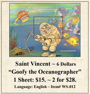 Saint Vincent ~ 6 Dollars “Goofy the Oceanographer” Stamp Sheet