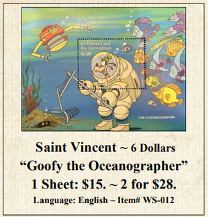 Saint Vincent ~ 6 Dollars “Goofy the Oceanographer” Stamp Sheet