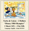 Turks & Caicos ~ 2 Dollars “Disney 1984 Olympics” Stamp Sheet