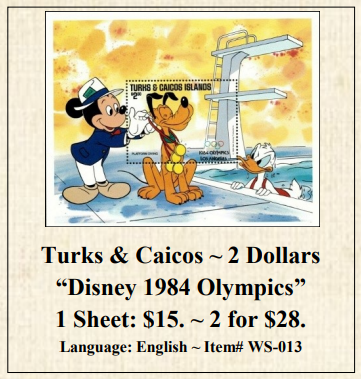 Turks & Caicos ~ 2 Dollars “Disney 1984 Olympics” Stamp Sheet