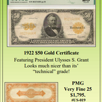 1922 $50 Gold Certificate ~ PMG VF 25 ~ #US-019