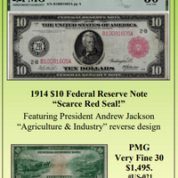 1914 $10 Federal Reserve Note "Scarce Red Seal" ~ PMG Very Fine 30 ~ #US-021