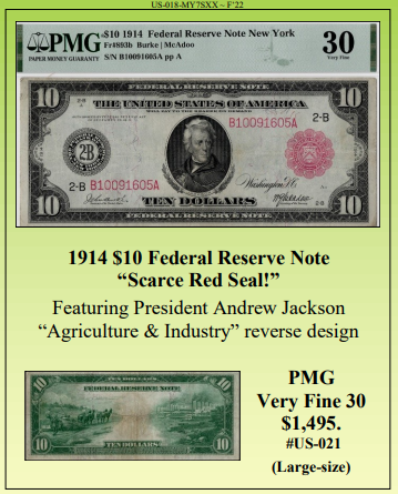 1914 $10 Federal Reserve Note "Scarce Red Seal" ~ PMG Very Fine 30 ~ #US-021