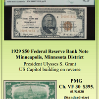 1929 $50 Federal Reserve Bank Note Minneapolis, Minnesota District ~ PMG  Ch. VF 30 ~ #US-030