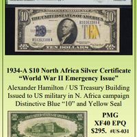 1934-A $10 North Africa Silver Certificate “World War II Emergency Issue” ~ PMG  XF40 EPQ ~ #US-031