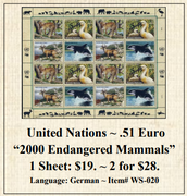 United Nations ~ .51 Euro “2000 Endangered Mammals” Stamp Sheet