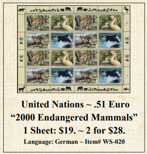 United Nations ~ .51 Euro “2000 Endangered Mammals” Stamp Sheet