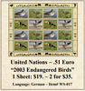 United Nations ~ .51 Euro “2003 Endangered Birds” Stamp Sheet