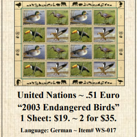 United Nations ~ .51 Euro “2003 Endangered Birds” Stamp Sheet