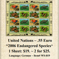 United Nations ~ .55 Euro  “2006 Endangered Species” Stamp Sheet