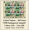 United Nations ~ .80 Francs “1998 Endangered Animals” Stamp Sheet