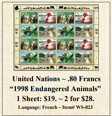 United Nations ~ .80 Francs “1998 Endangered Animals” Stamp Sheet
